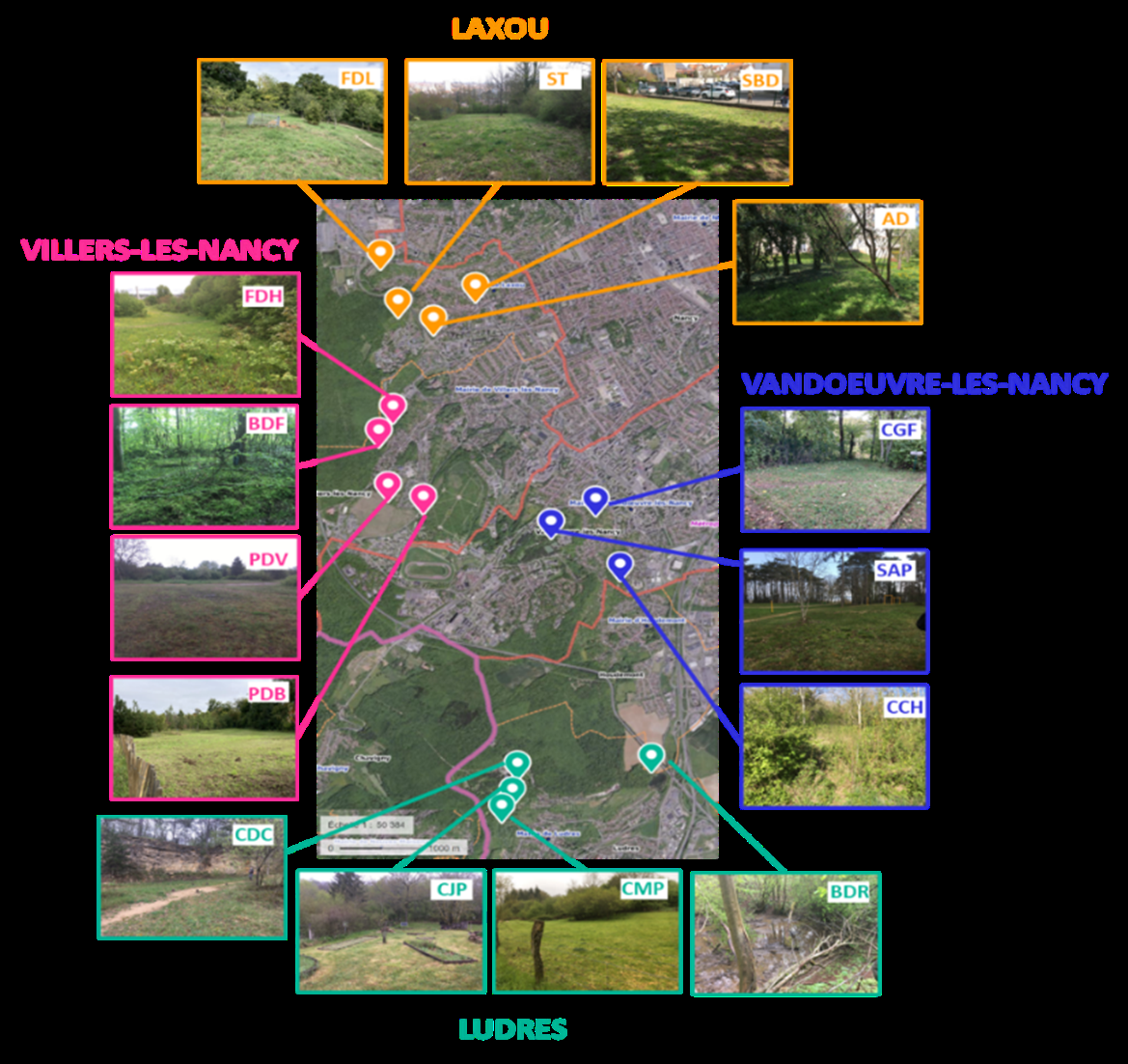 Figure 2 : Carte des différents points échantillonnés dans le cadre du projet Trame Brune. ©Sol &co