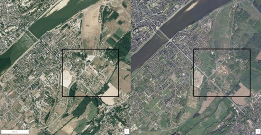 Désurbanisation du déversoir de « La Bouillie », Blois (41), photo aérienne entre 2000-2005 à gauche et 2018 à droite. Source : remonterletemps.ign.fr